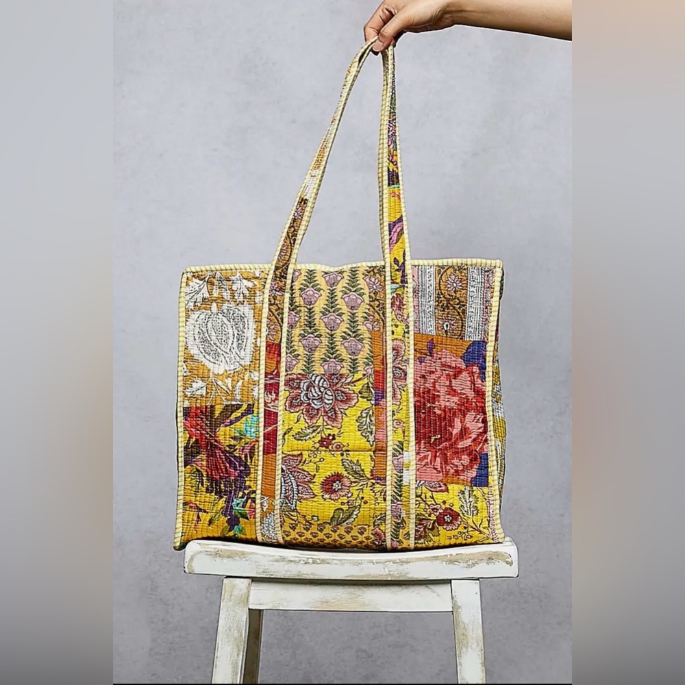 POL Yellow Kantha quilted patchwork cotton embroidered Large boho tote bag